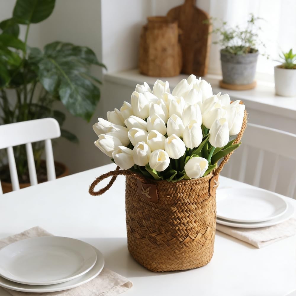 30PCS Artificial Tulips PU Real Touch Single Stem Fake Flowers Bouquet Arrang…