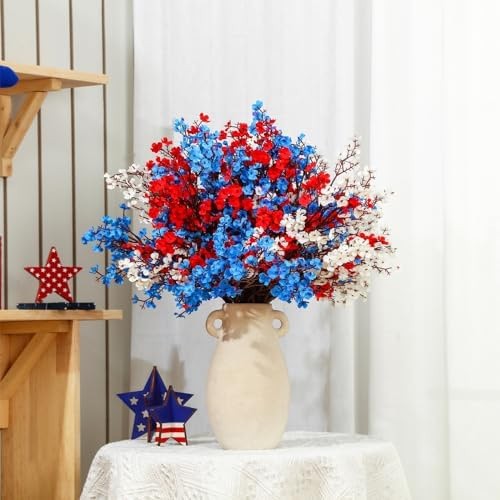 Lyrow 24 Pcs Red Blue White Patriotic Artificial Flowers 4th of July Table Ce…