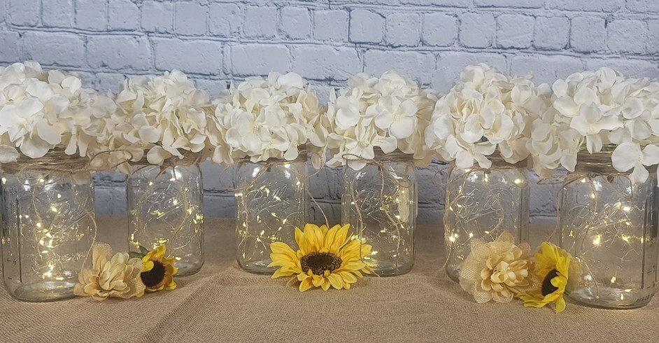 Lighted Mason Jar Centerpiece Set with Jute Bow and Floral Stems