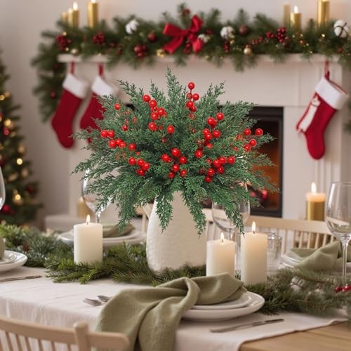 Christmas Artificial Pine Branches Pcs Faux Norfolk Pine Stems with Red 60
