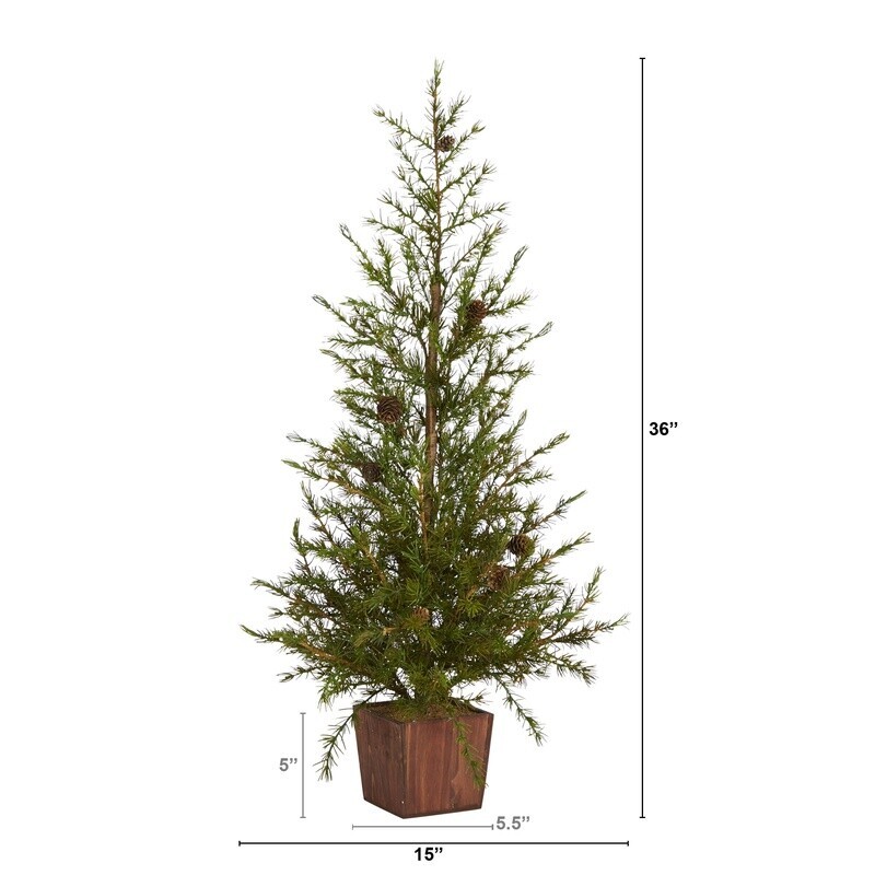 3ft Artificial Christmas Tree in Wood Planter W/ Faux Pine Cones Indoor Decor US