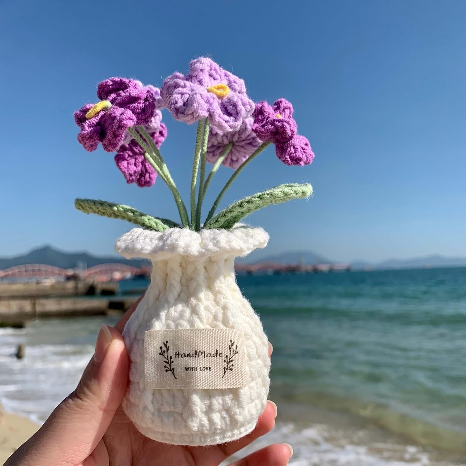 Elegant 7 Bloom Crochet Forget-Me-Not Potted Plant – Handcrafted Home Accent