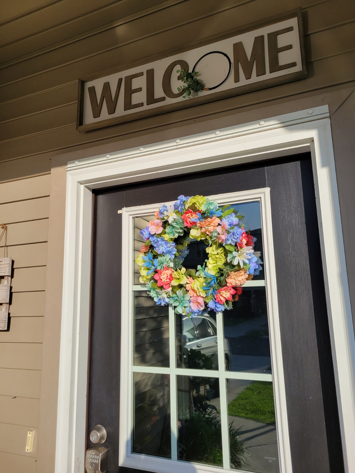 FLORAL one of a kind WREATH flowers Decor Front Door 16″ purple blue orange new