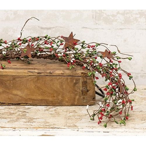 NEW Primitive PIP BERRY GARLAND RED GREEN WHITE 40″ Stars Farmhouse Christmas