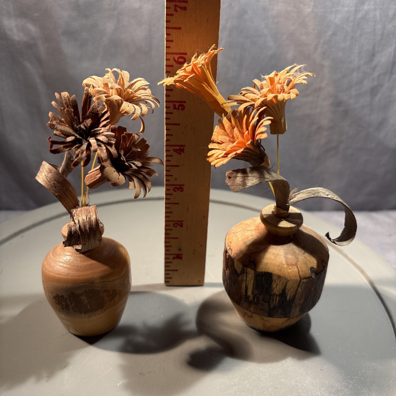 Set Of 2 ~ Wood Shaving Artificial Flowers in wood vase 6″ H Brown Orange Beige