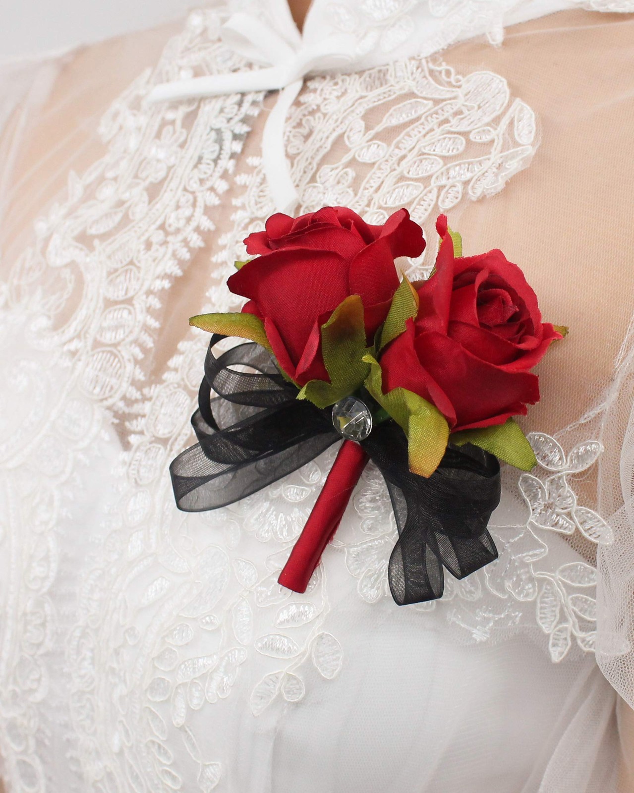 Prom Rose Corsage Boutonniere Set Real Touch Red Flowers Lace Bow Decor