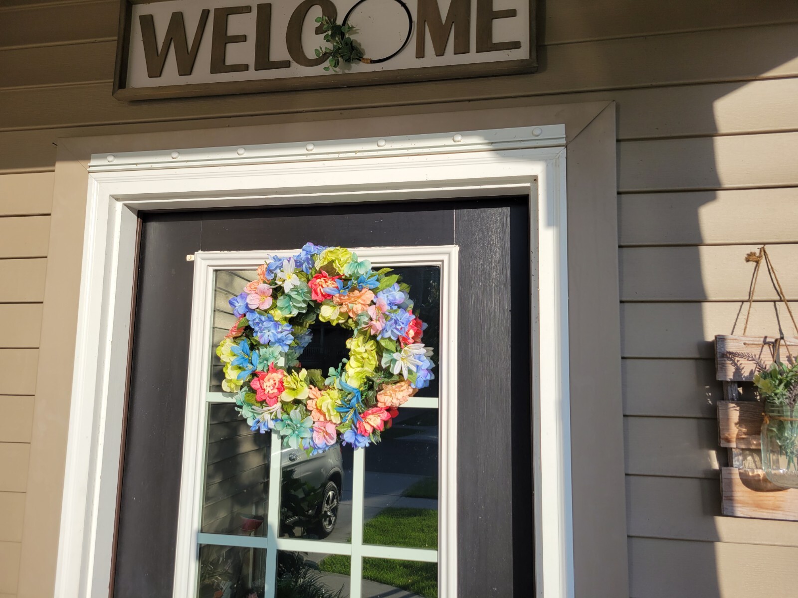 FLORAL one of a kind WREATH flowers Decor Front Door 16″ purple blue orange new