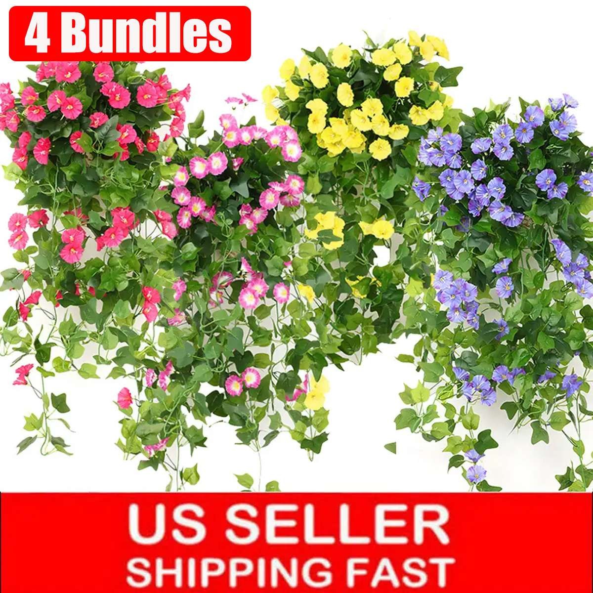 4Bundles Artificial Hanging Plants Fake Flowers Silk Morning Glory Garden Decor