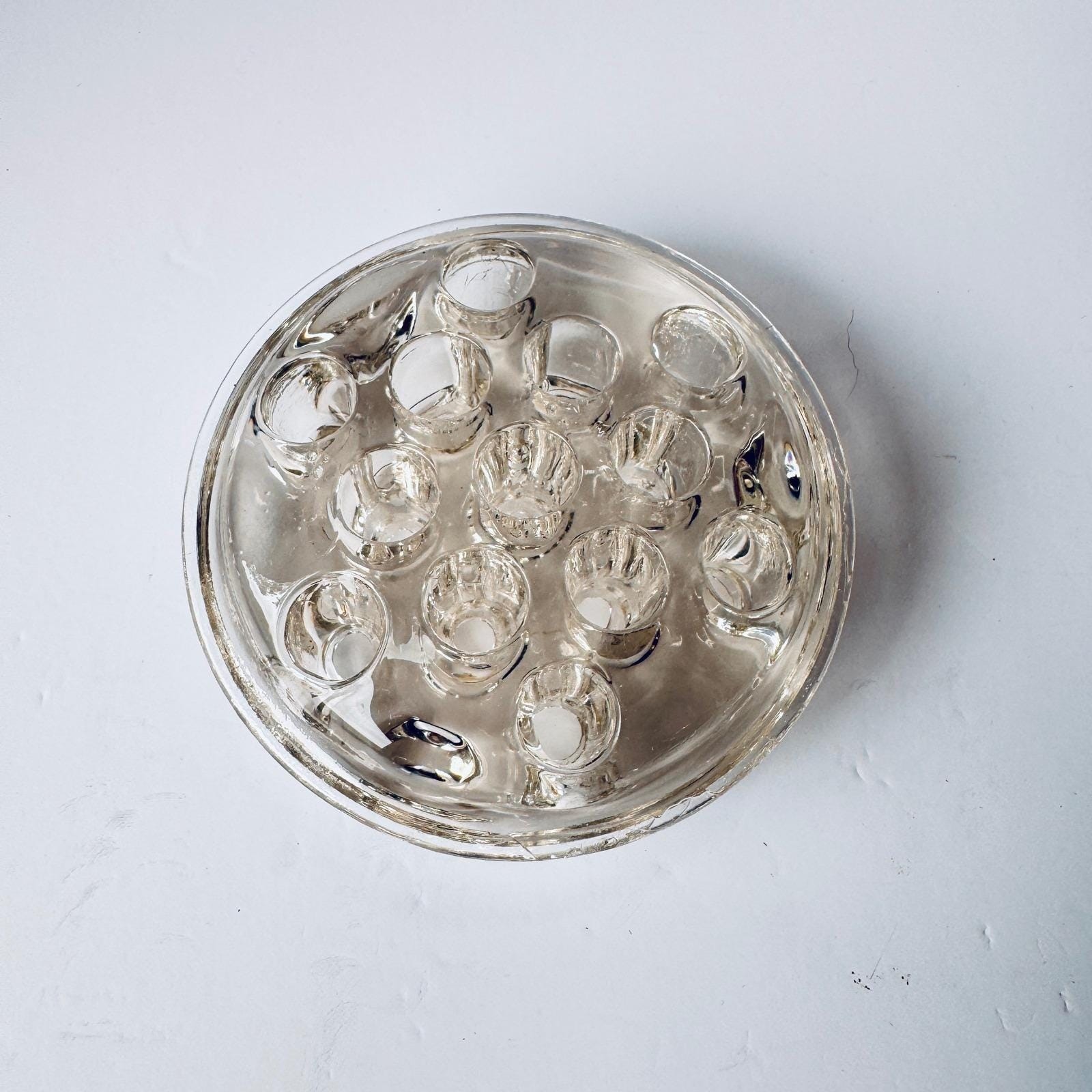 Vintage Clear Glass Flower Frog 13 Hole Domed Floral Stem Holder Heavy Glass
