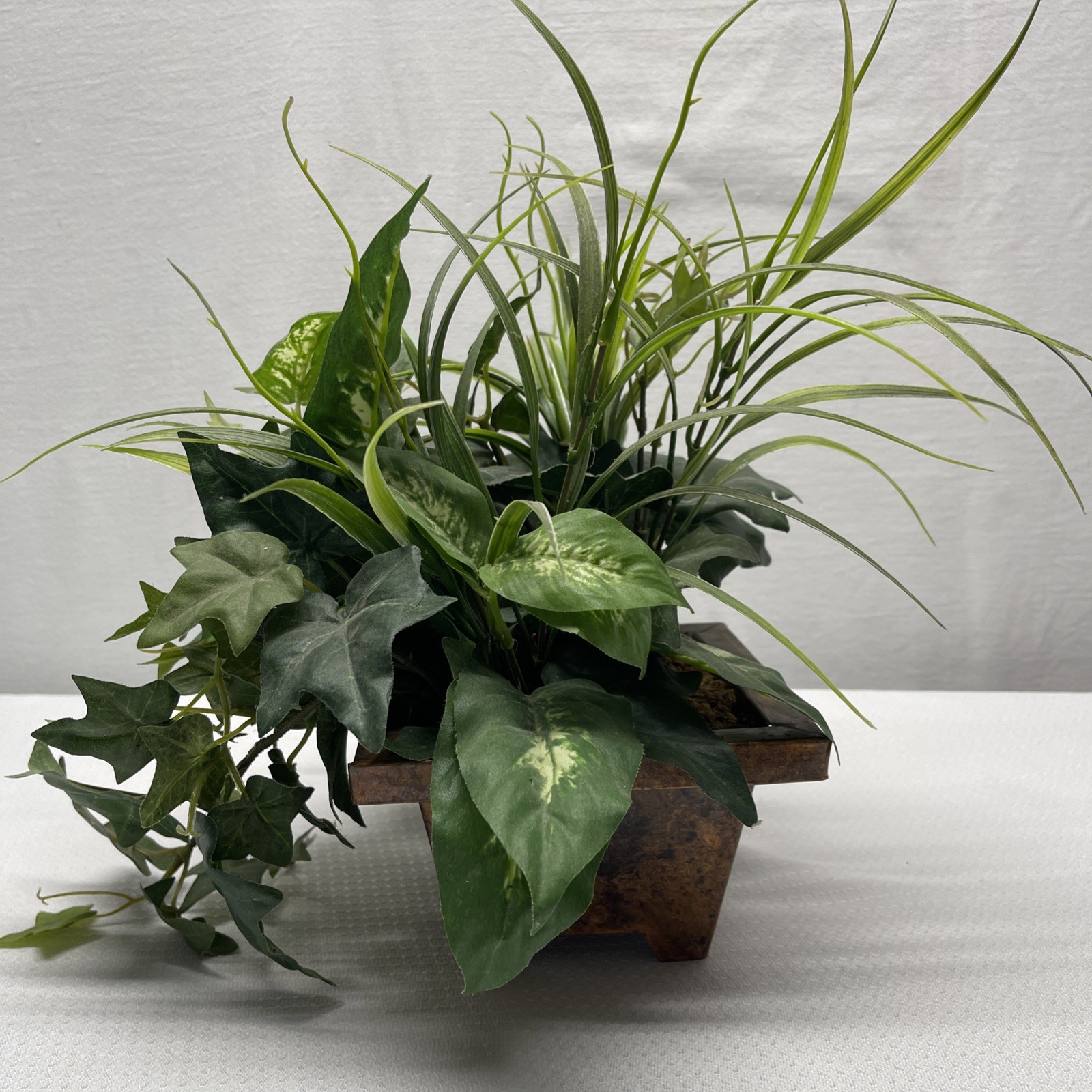 Artificial Indoor Mixed Plants Faux Copper Square Planter Pot 13″ Tall 15″ Wide