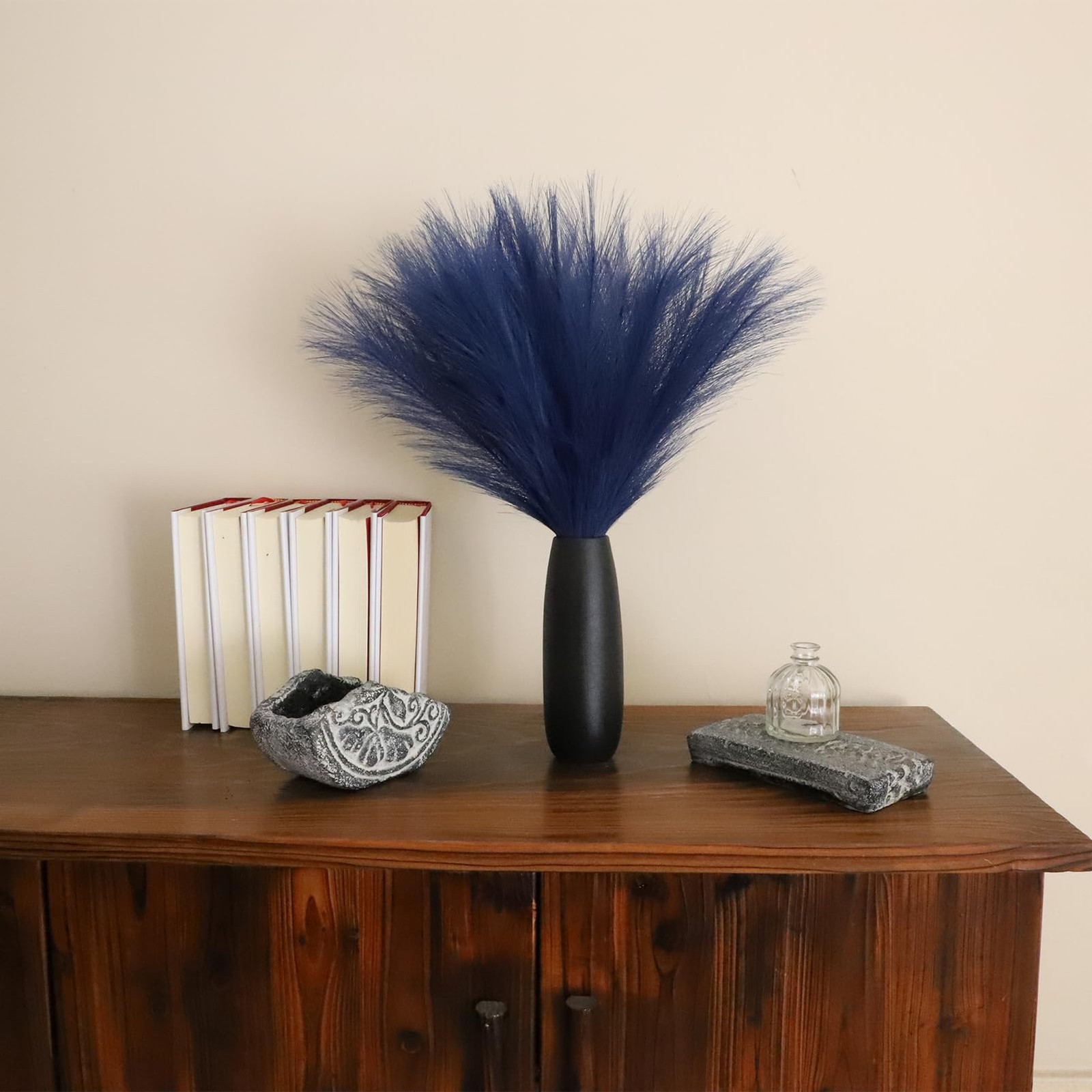 Navy Blue Faux Pampas Grass Decor 18-Inch Short 6 Stems Dried Flowers for Sma…