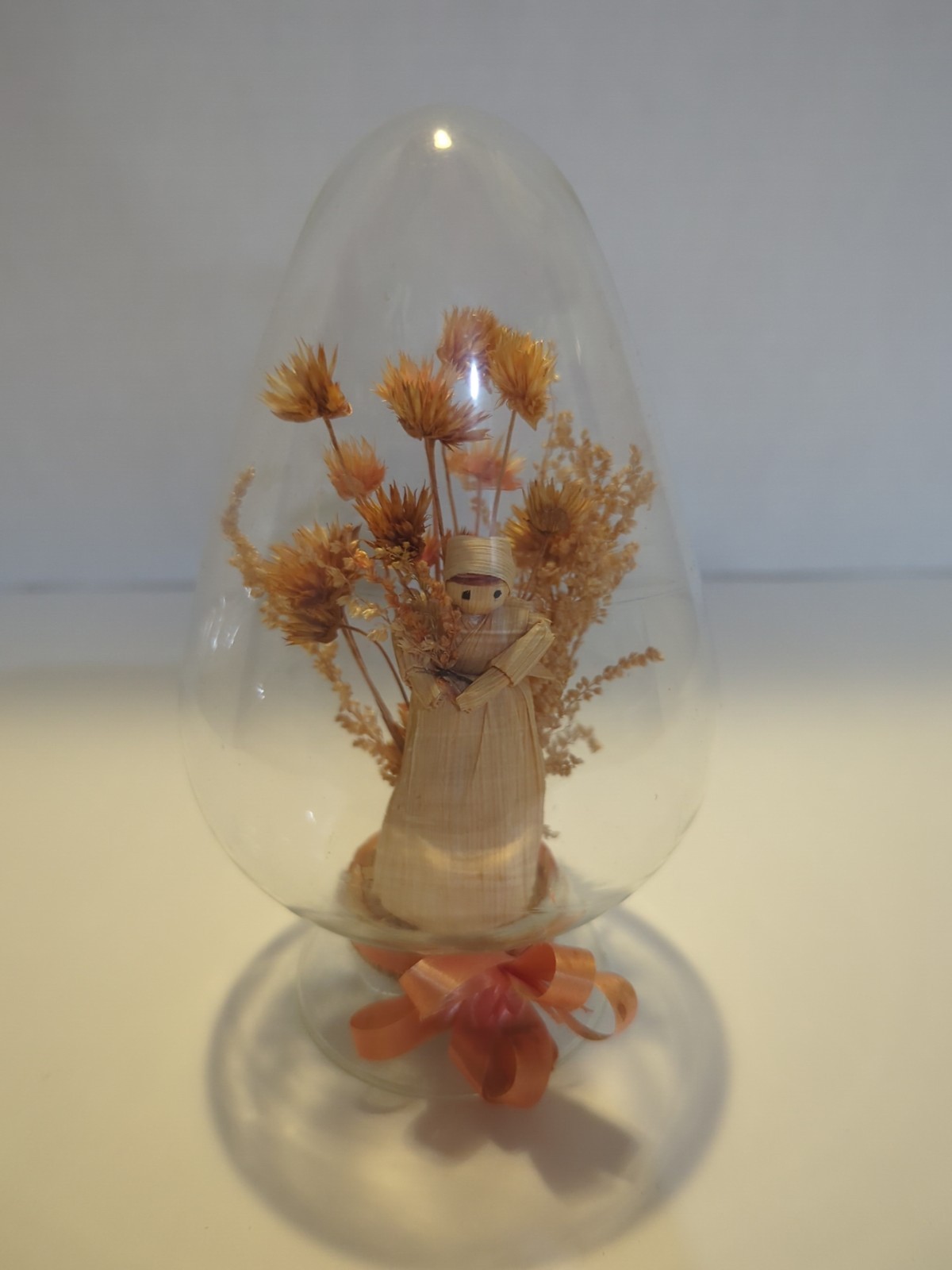 VINTAGE Corn Husk Doll With Dried Flowers Under Glass Bulb Dome Cottagecore