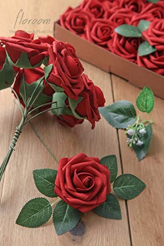 floroom Artificial Flowers 25pcs Real Looking Dark Red Foam Fake Roses with