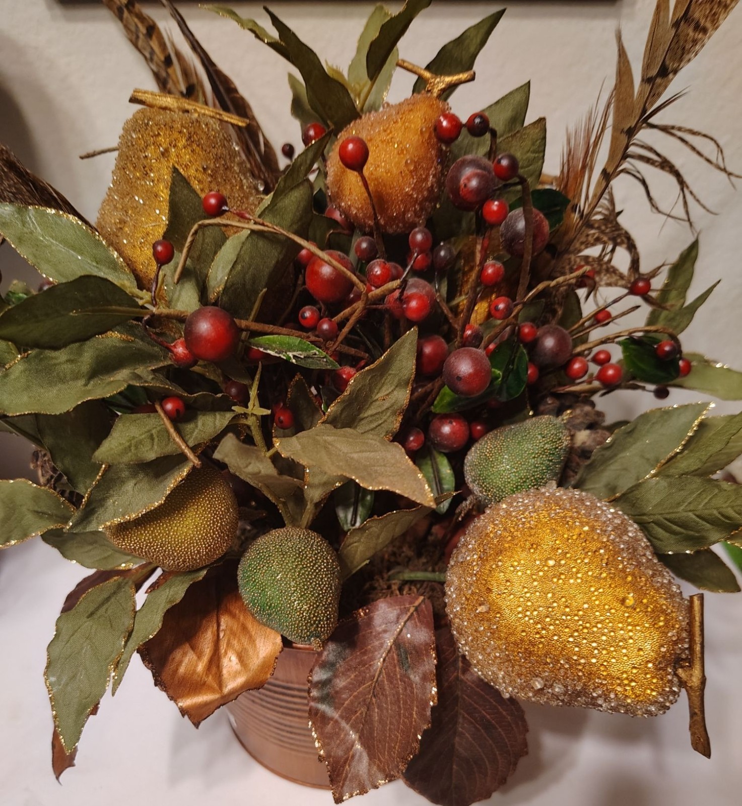 Fall Winter Table Arrangement, Dried Leaves, Beaded Pear Pinecone Turkey Feather