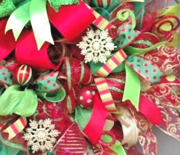 Handmade Christmas Front Door Wreath Large 24″ Deco Mesh Gold Snowflake Decor