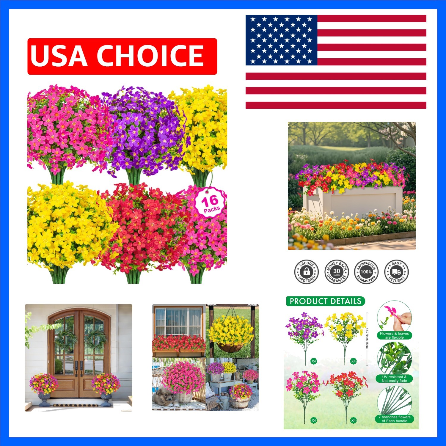 16 Bundles Artificial Flowers for Outdoors Decoration Fake Silk Flowers UV Re…