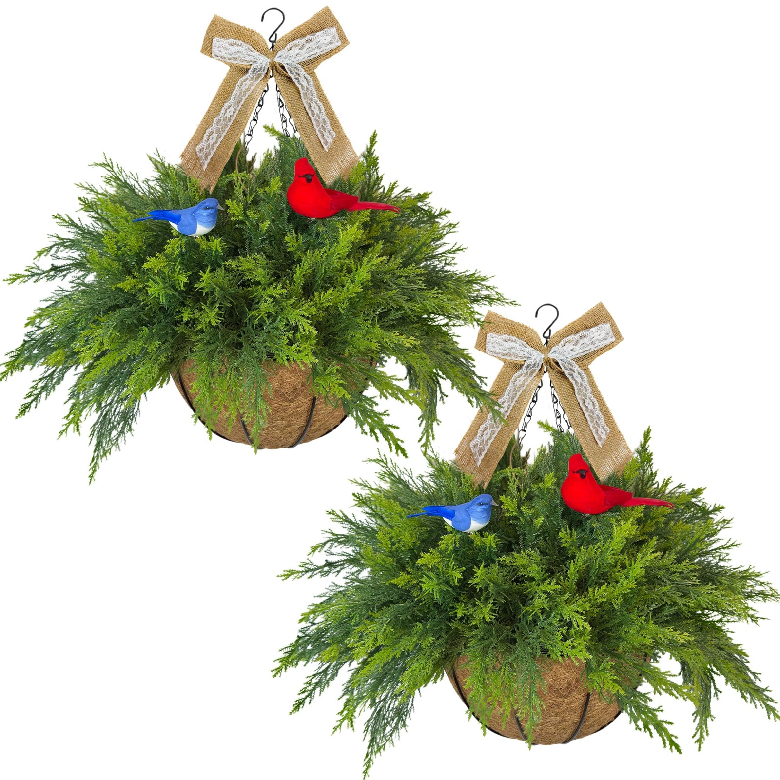 Artificial Hanging Plant Flower Baskets Set of 2, Faux Ferns with Birds and L…