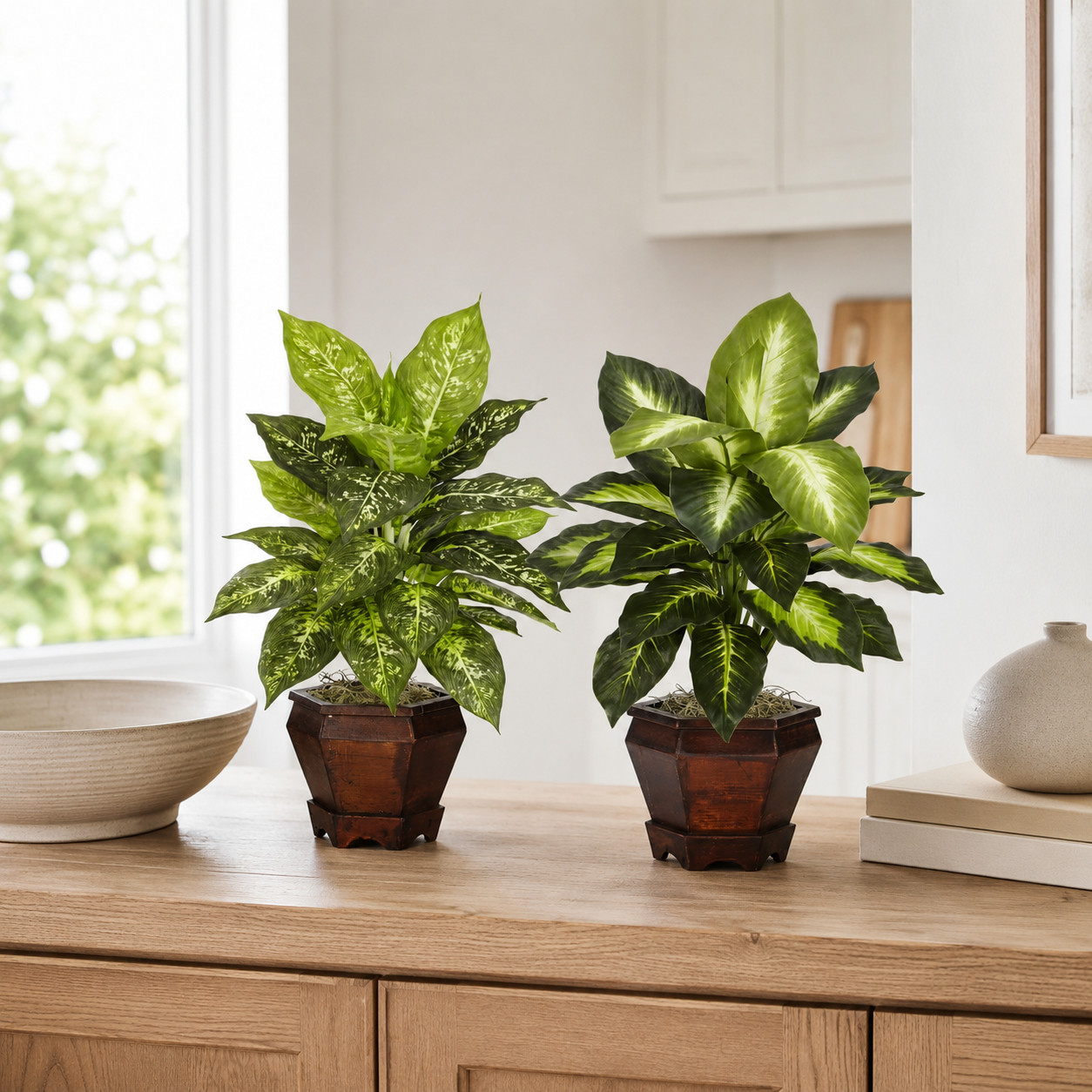 Golden Dieffenbachia w/Wood Vase Silk Plant – Assorted
