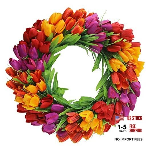 Tulip Wreath for Front Door, Spring Summer Silk 20 Inch Red Yellow Purple