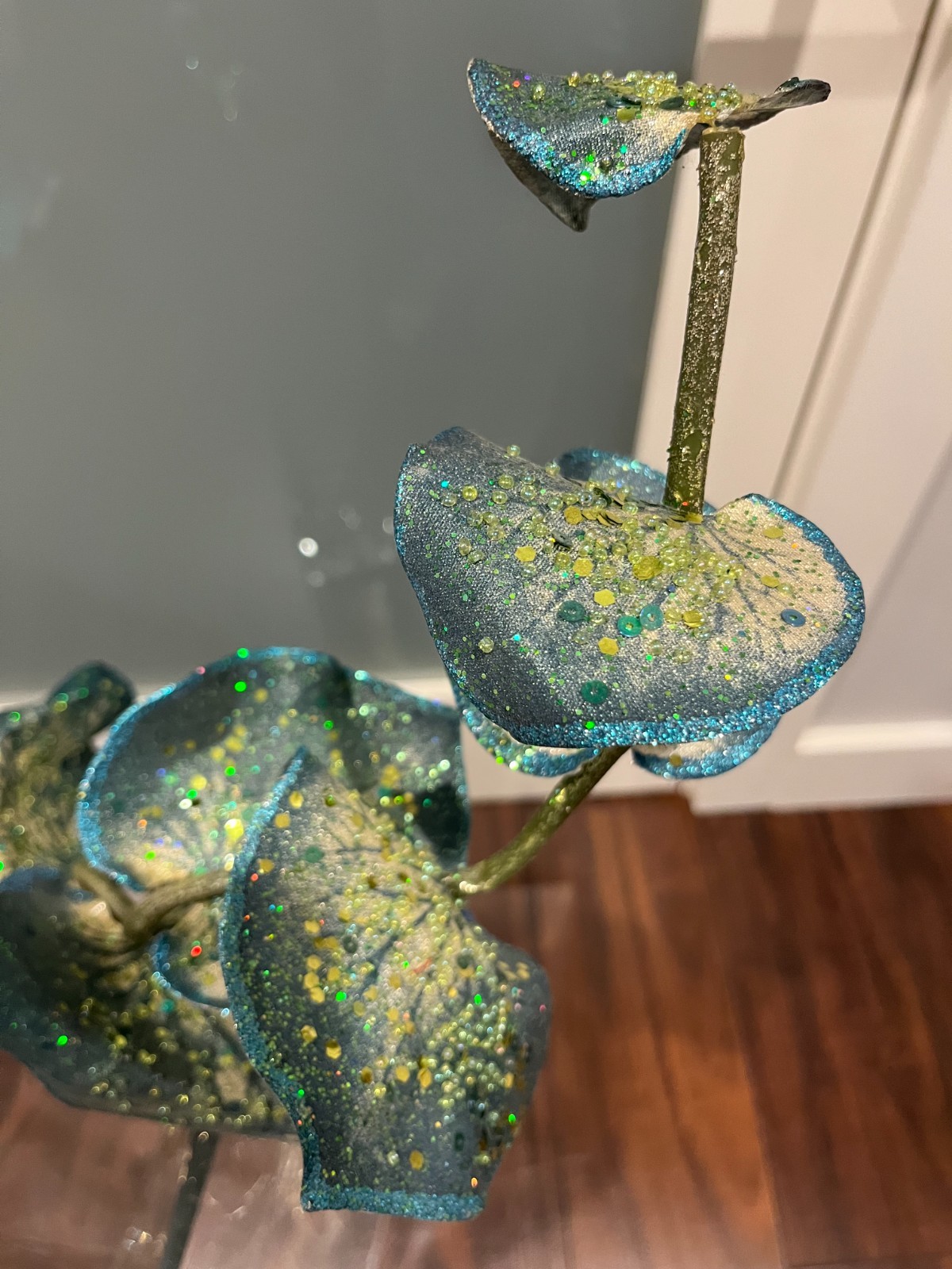 Blue-Green Sequin Leaf Spray Stem – Approximately 39” Glitter Faux Flower
