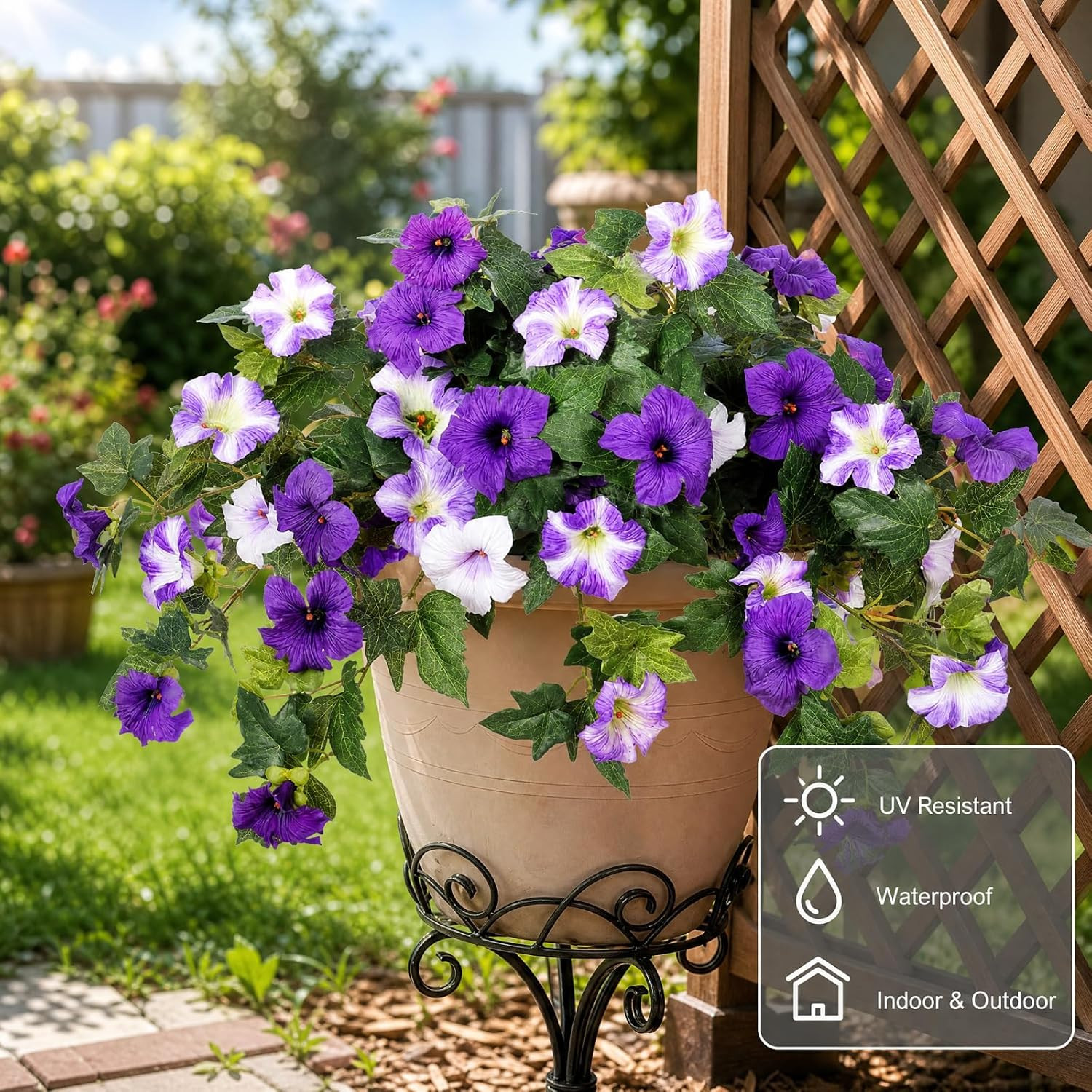 2 Bundles UV Resistant Purple & White Petunias – Outdoor Faux Flower Decor