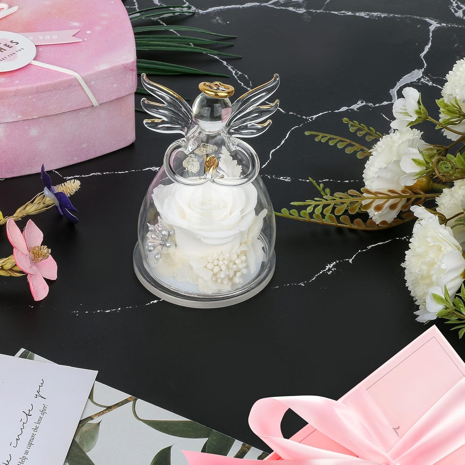 Preserved White Rose in Glass Angel Figurine for Special Occasion Gifts