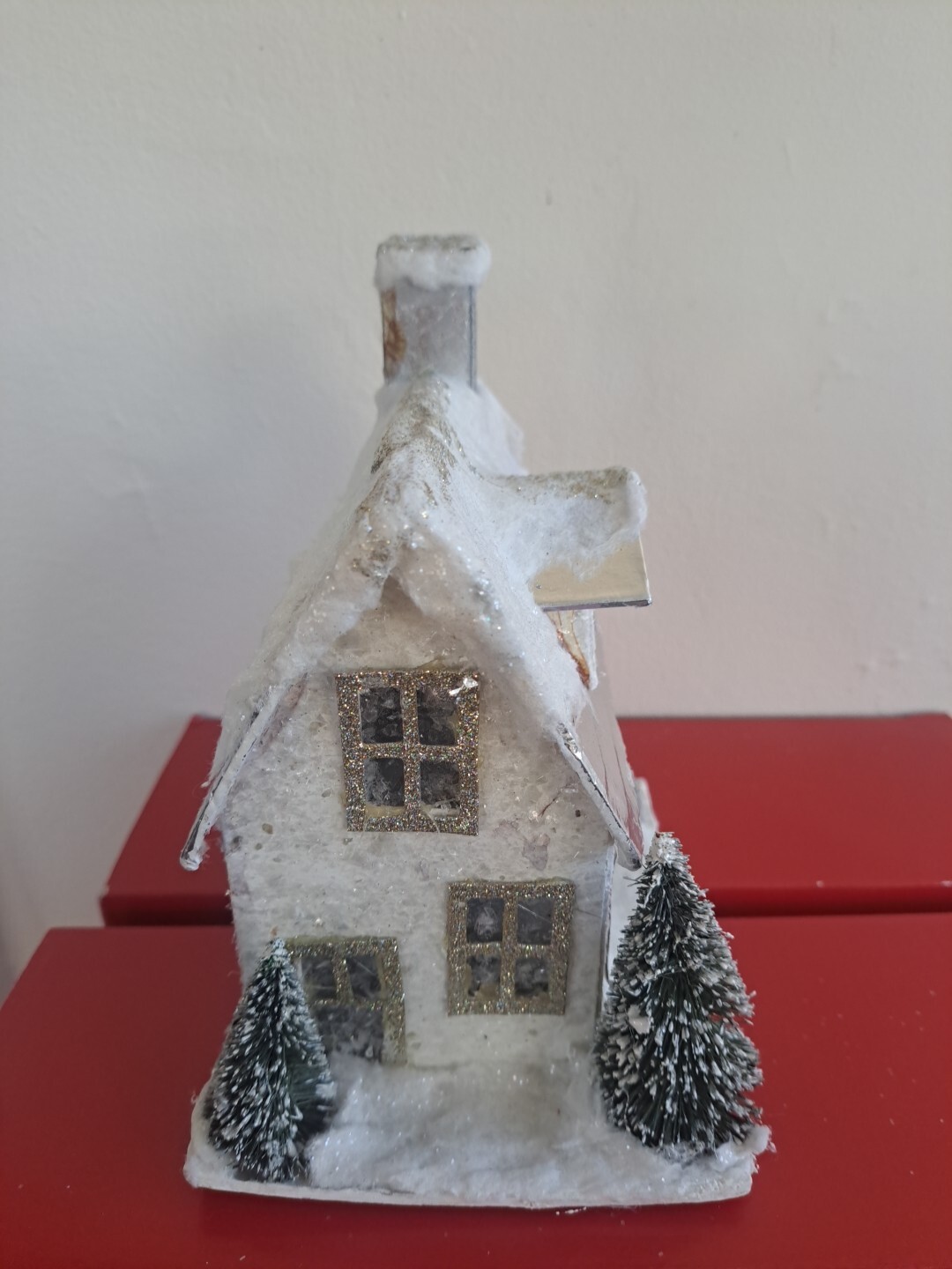 Retro Putz Style WHITE CHRISTMAS HOUSE Bottle Trees 7″ x 5.5″ x 4″