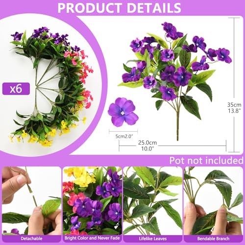 Artificial Impatiens Flowers for Outdoors, 6 Bundles Purple,yellow,pink