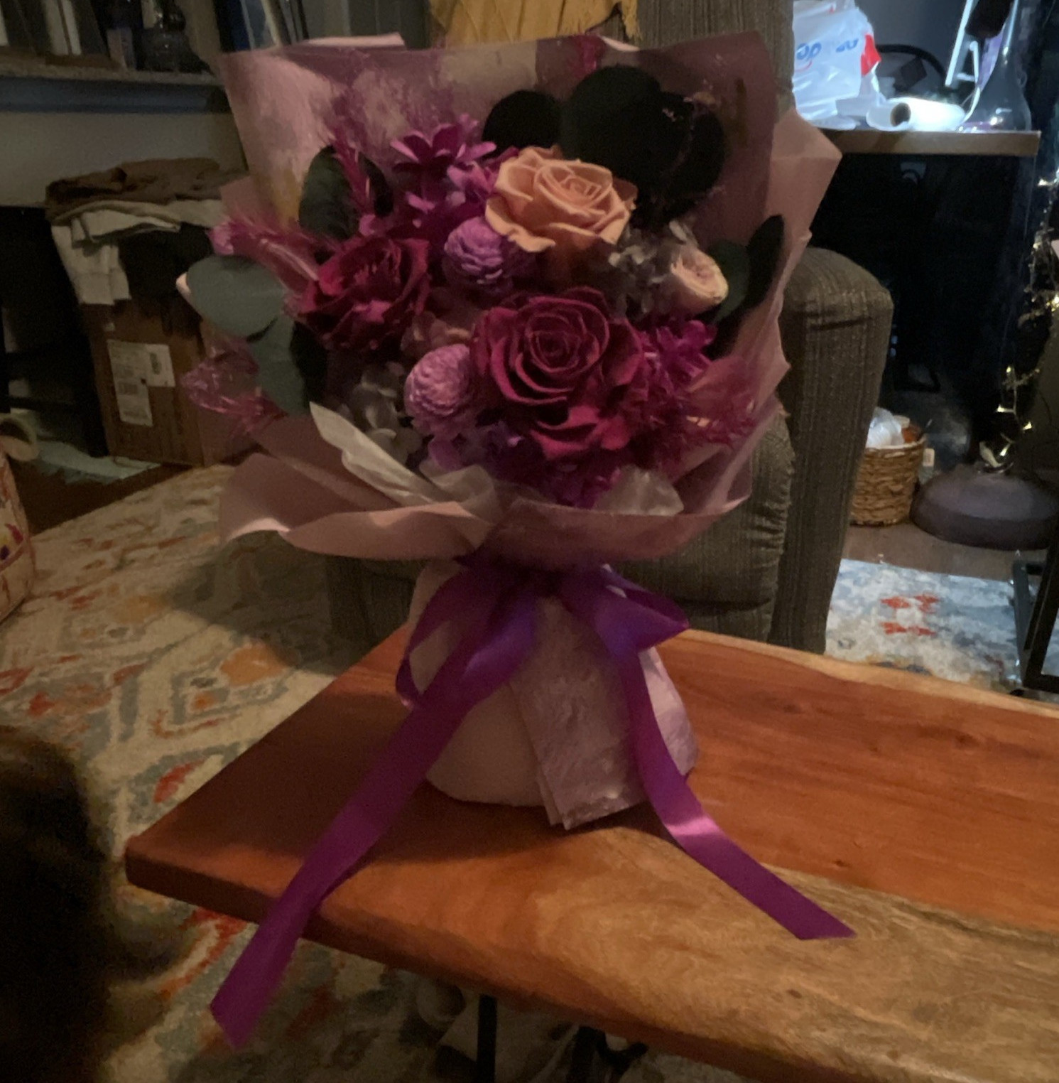 Purple & Pink Rose Flower Bouquet Arrangement & Centerpiece with Ribbon