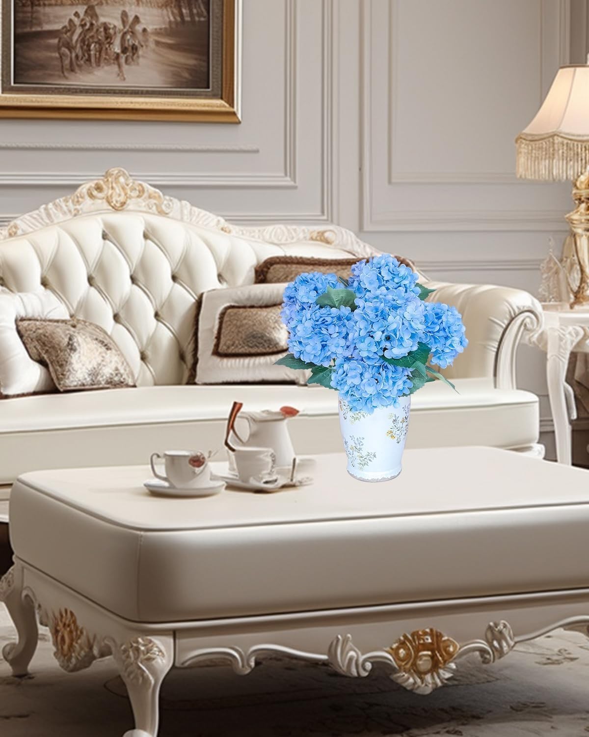 6PCS Premium Blue Silk Hydrangea Artificial Flowers Bouquets – Realistic Fake Hy