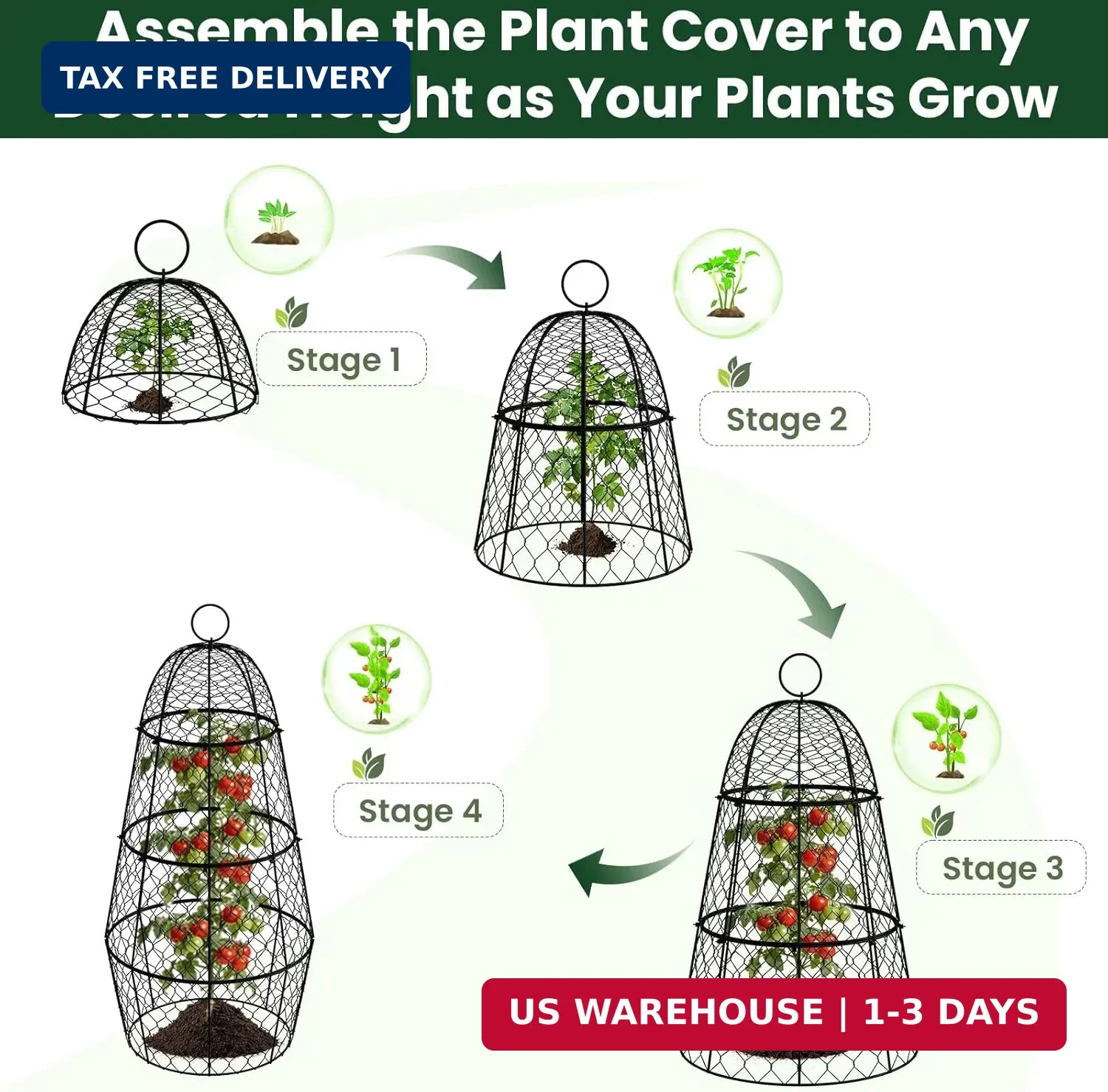 6 Pack Garden Cloche Plant Protectors from Animals, Adjustable 3-Tier Chicken Wi