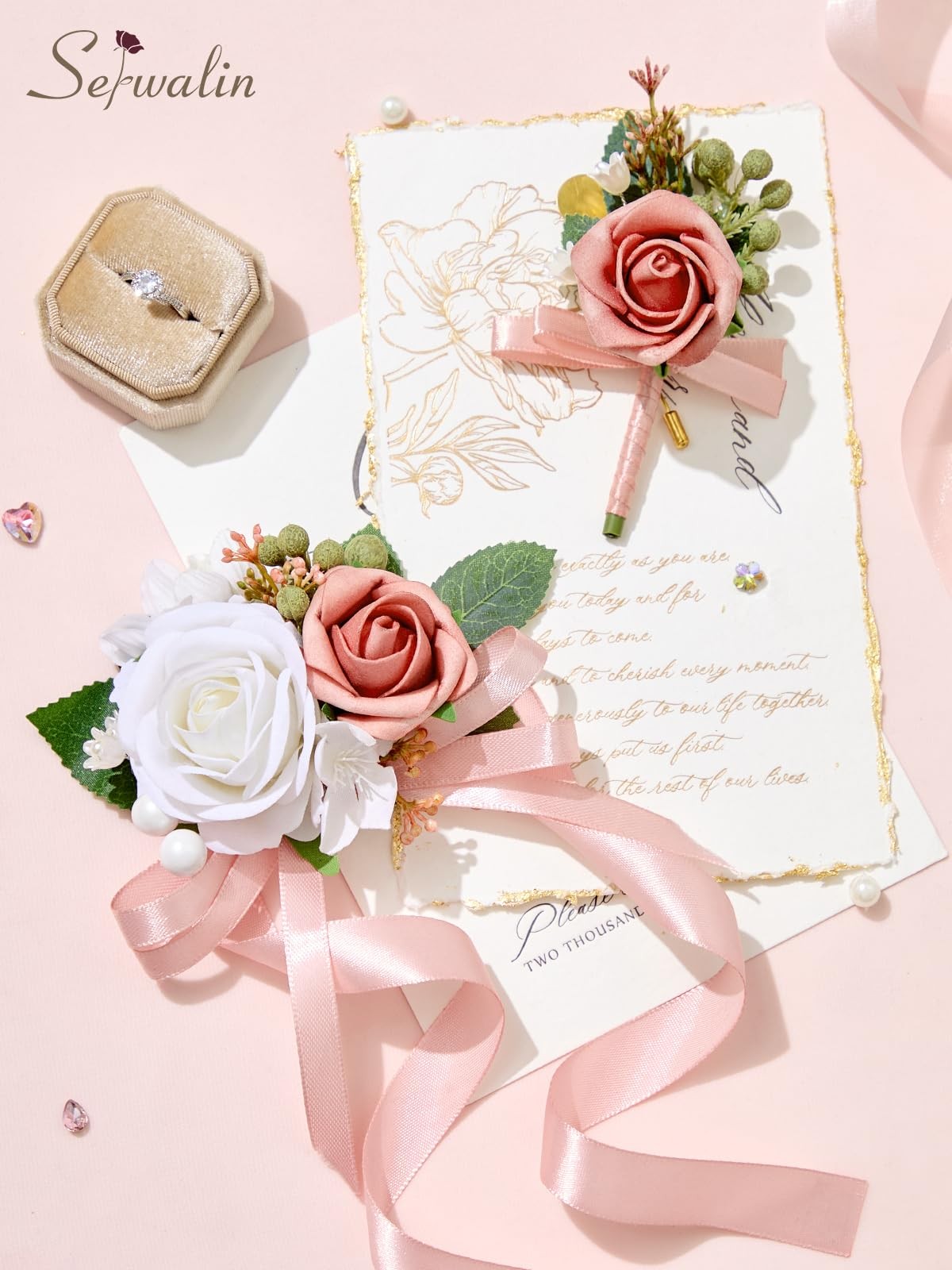 Pink Artificial Rose Corsage and Boutonniere Set Wristlet for Prom Wedding