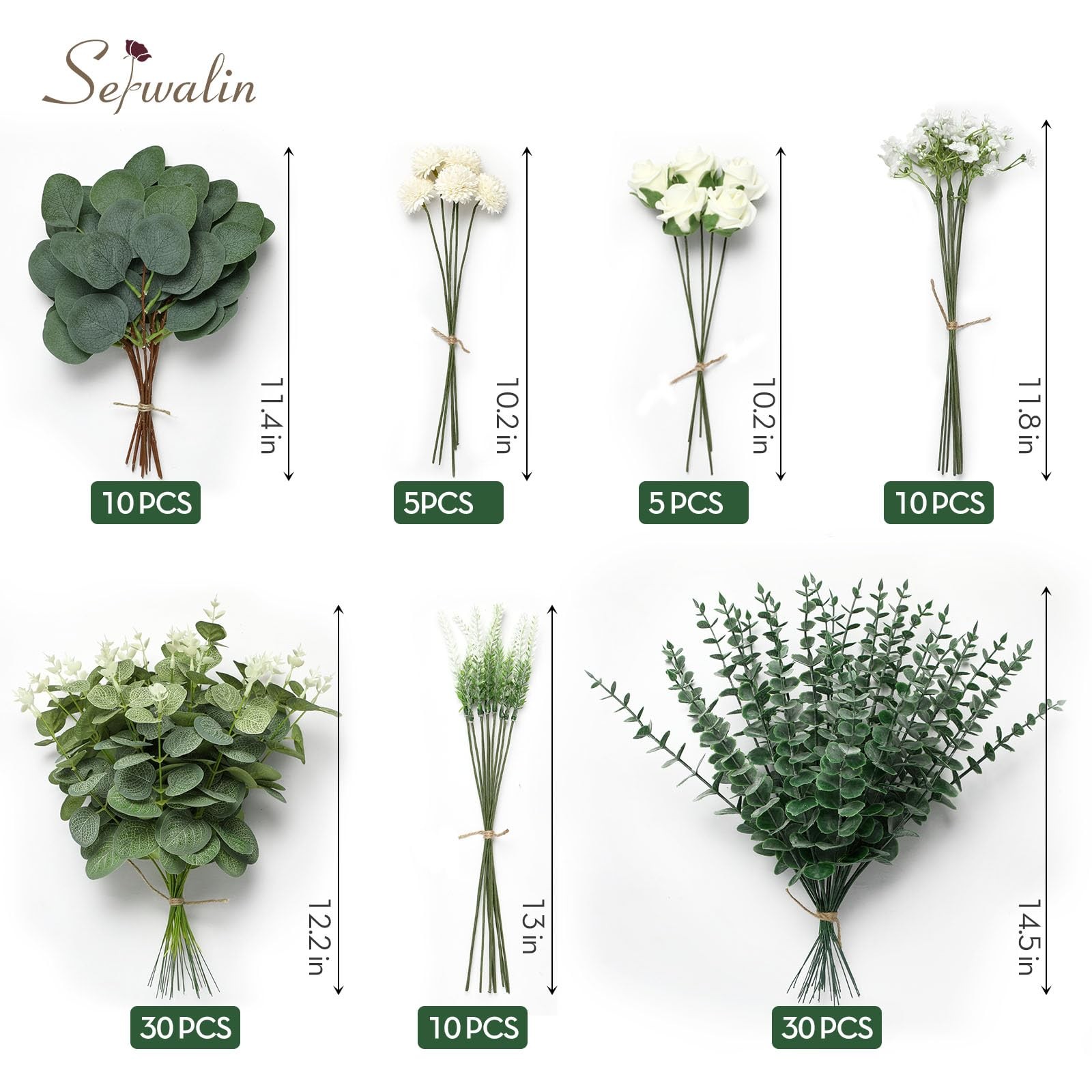 100 Pcs 7 Kinds Mixed Artificial Eucalyptus Leaves Stems Bulk with Flowers Fa…