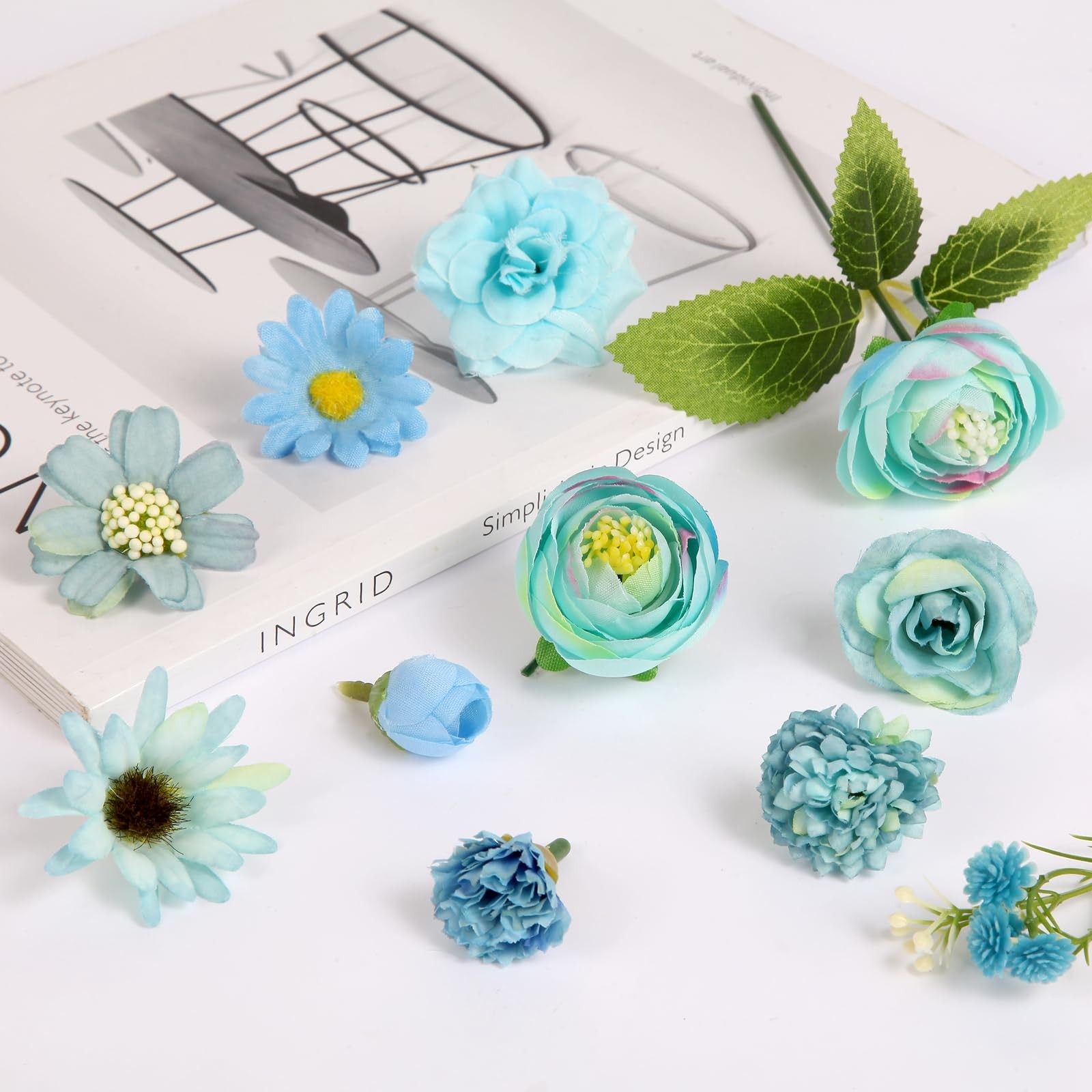 100 PCS Blue Mini Fake Artificial Flower Heads Silk Faux Blossom Hair Crafts