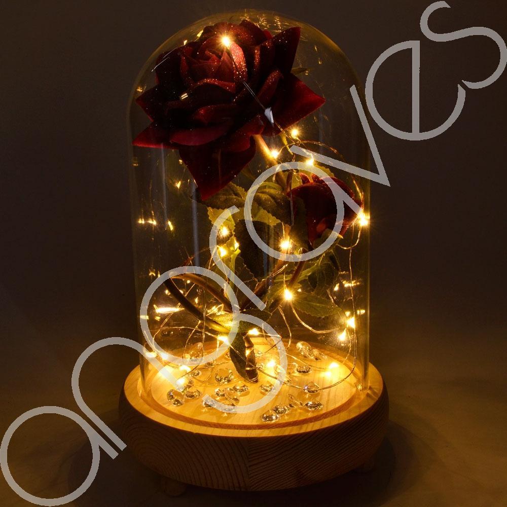 Bella Pink Handmade Enchanted Rose & Rosebud in Glass Dome Bell Jar with LED Lig