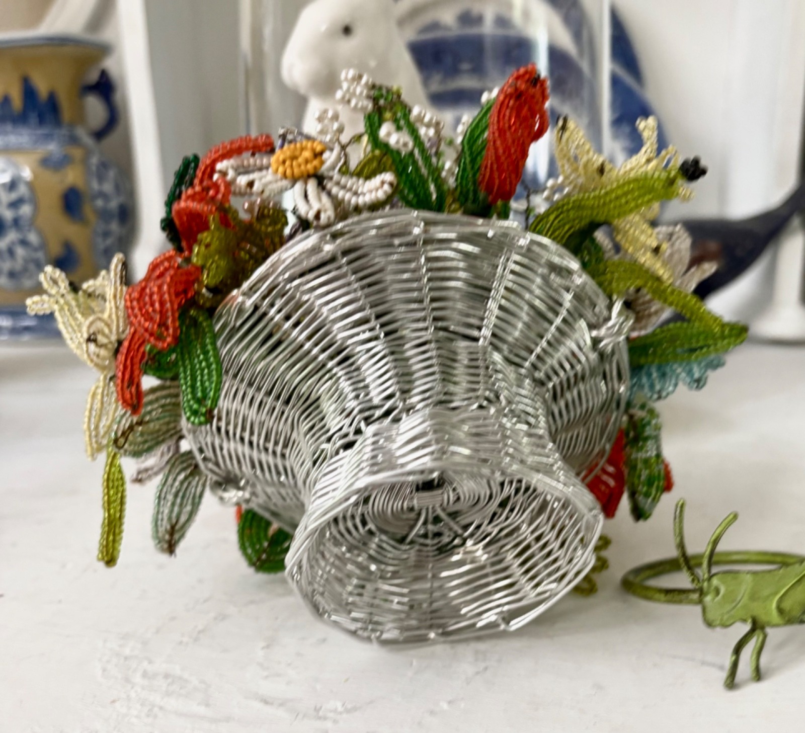 Vintage French Glass Beaded Flowers Bouquet handmade Silver plated wire basket