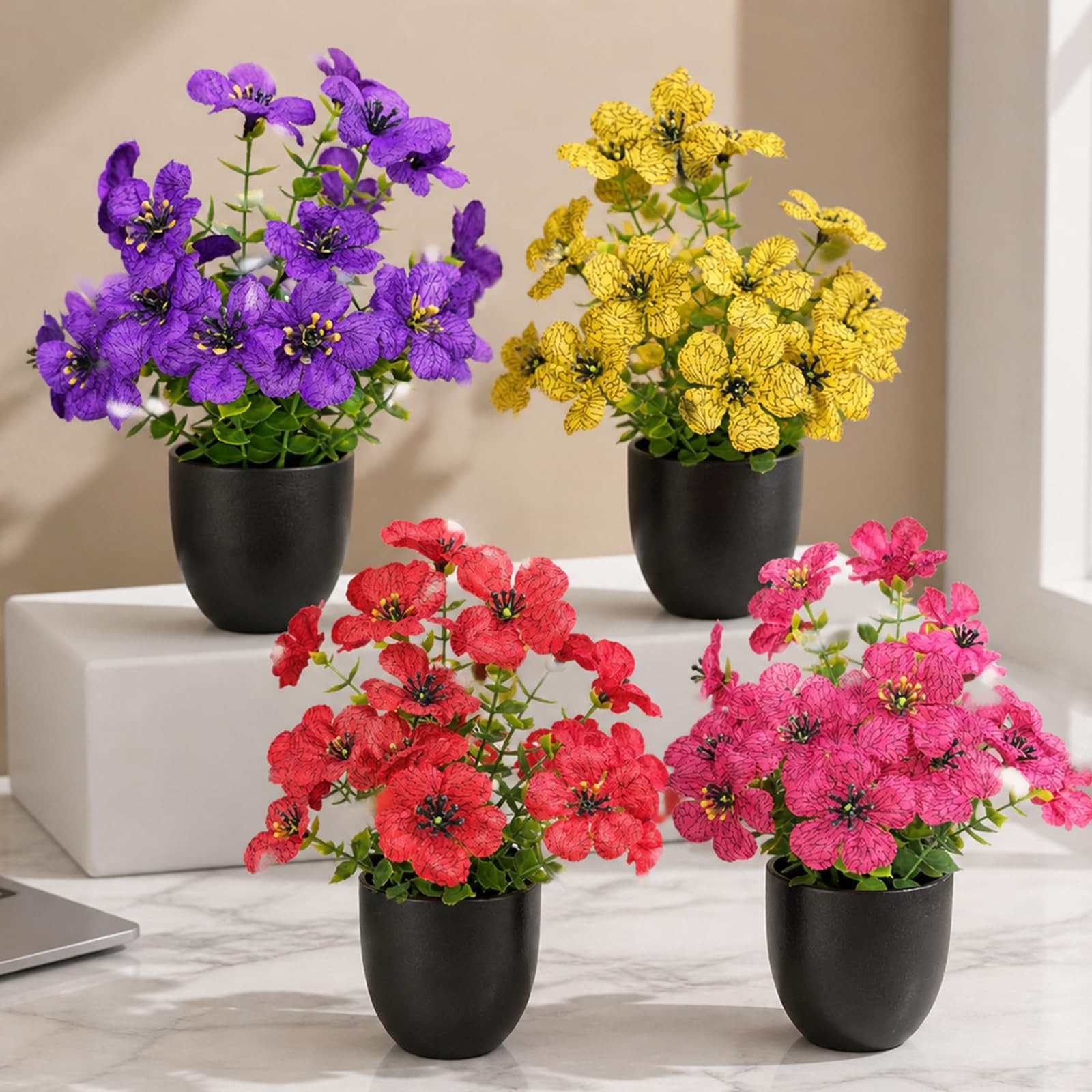 Welifafa Small Fake Plants 4 Packs Artificial Flowers in Pots Home Decor Fake…