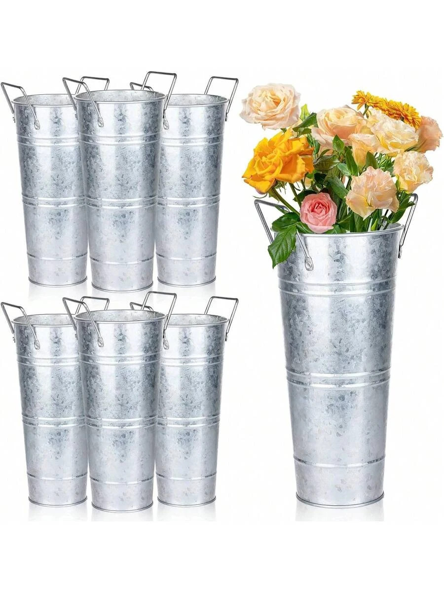 6 Pack Silver Retro Flower Buckets w/ Scissor Wedding Home Decor