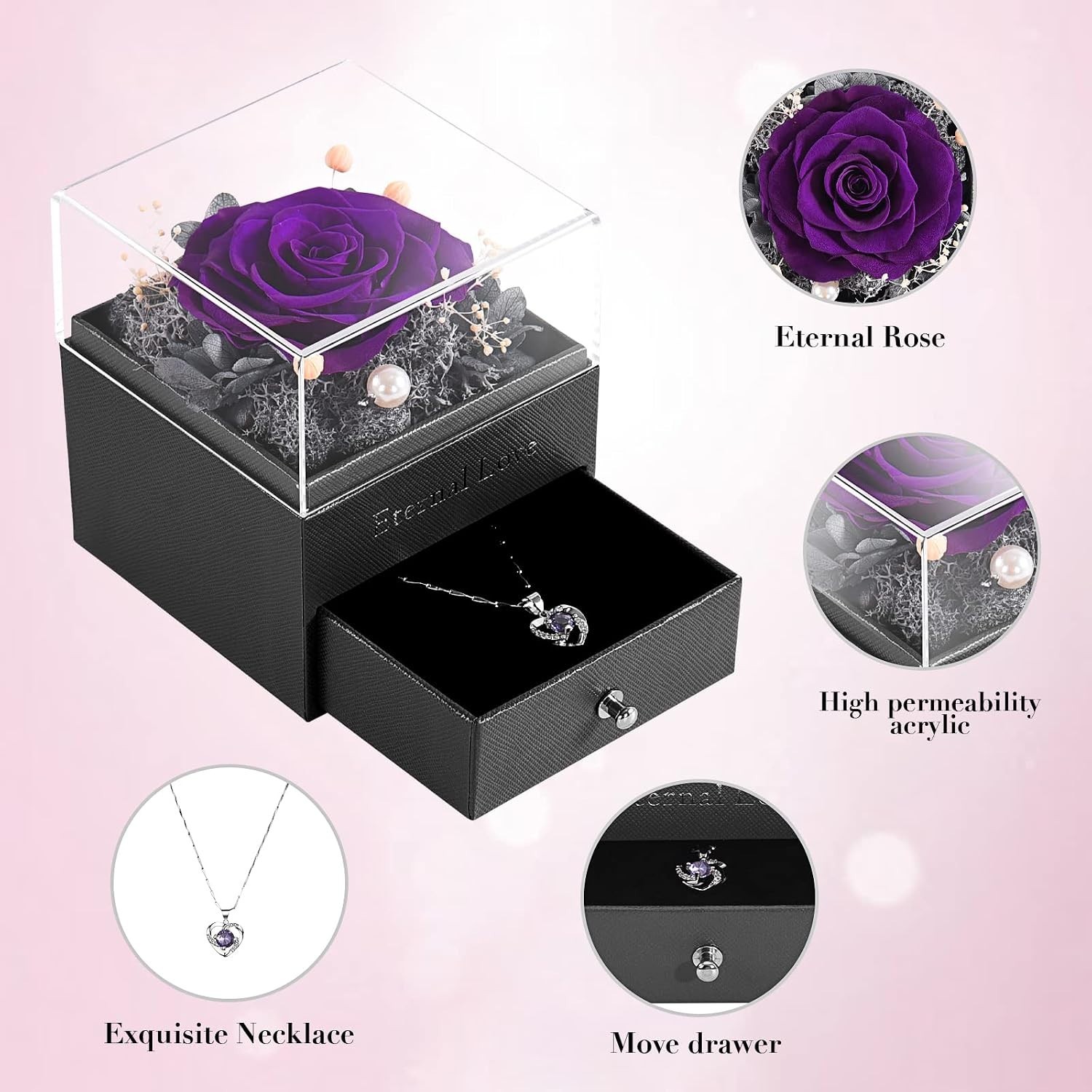 Handmade Preserved Rose and Necklace Set for Birthday and Anniversary Gifts