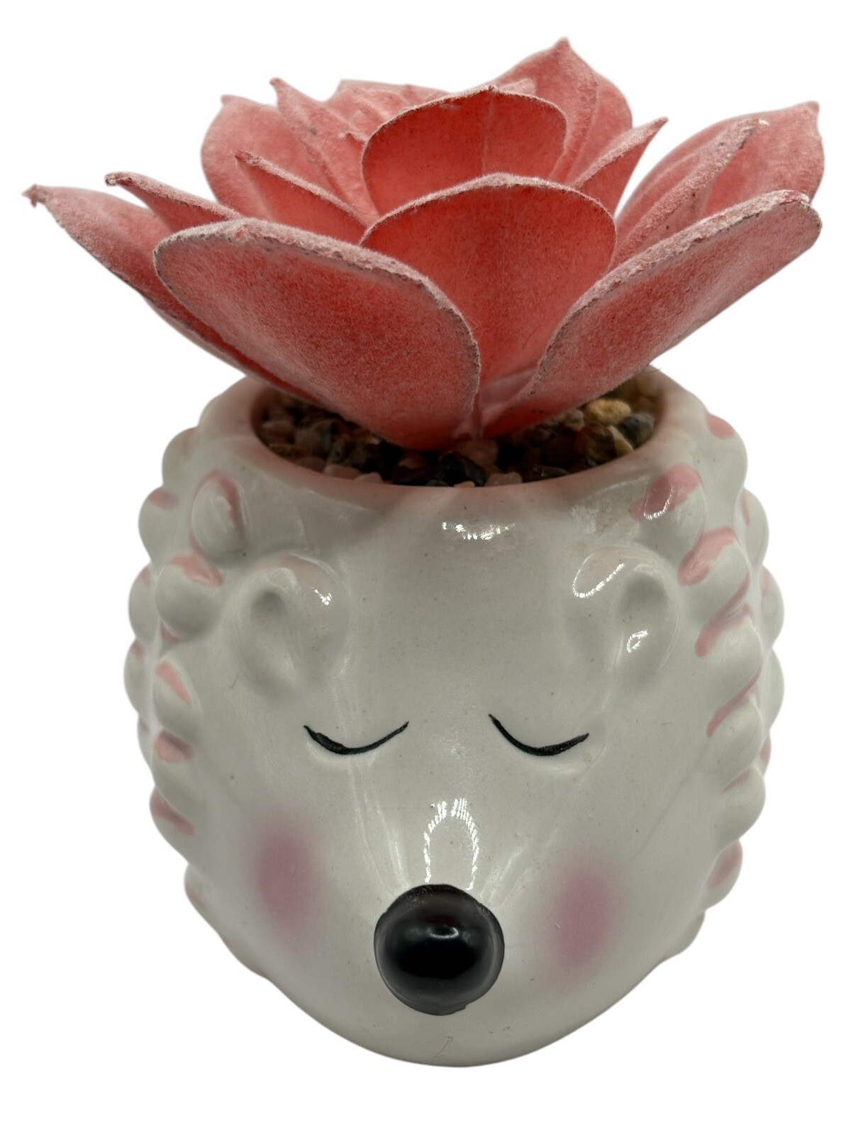 Cute Hedgehog Ceramic Flower Pot Faux Pink Succulent Animal Decoration Decor