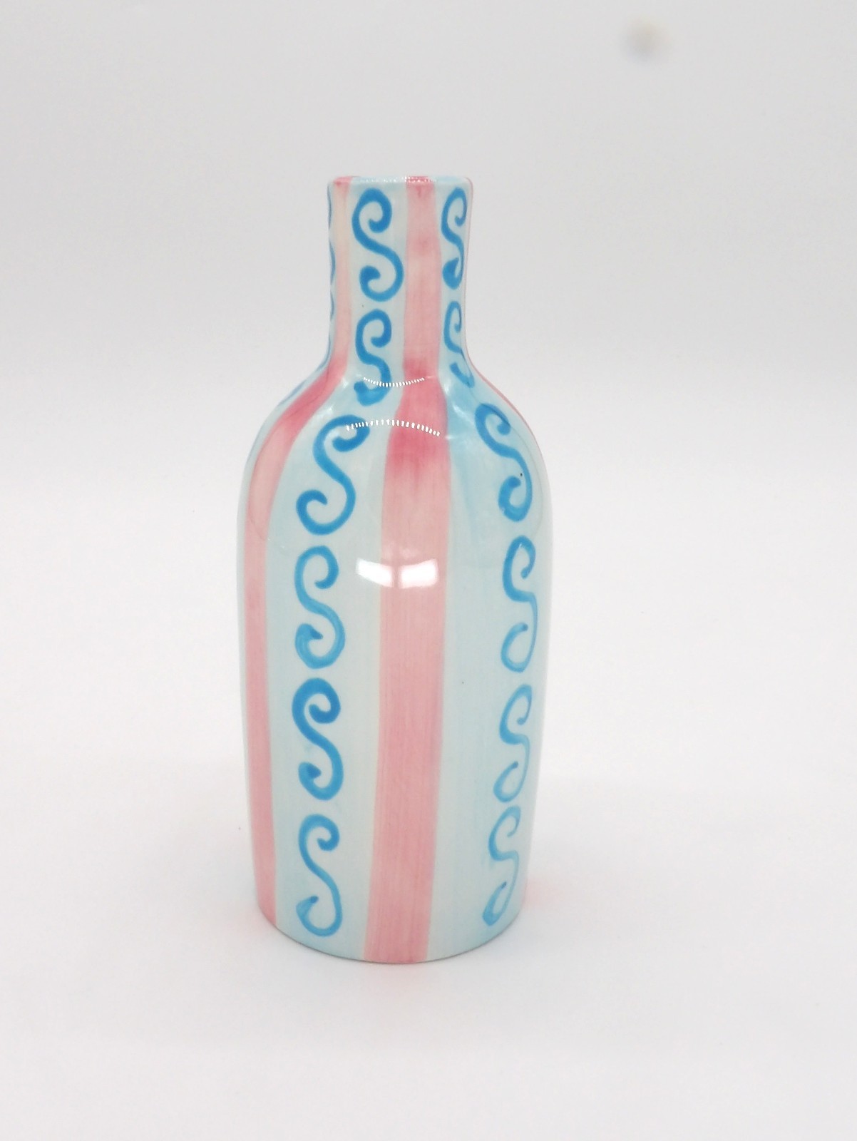 Blue and Pink Striped Bud Vase with Tulips 7″ Spring Decor