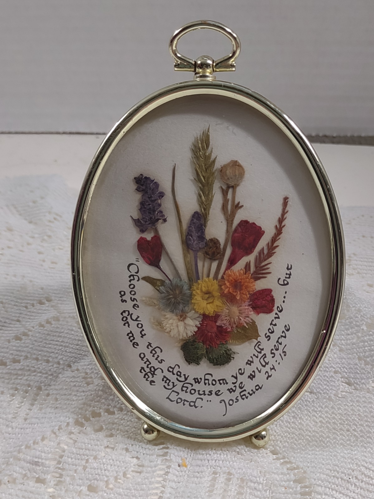 Pressed Dried Flowers With Joshua Scripture Oval Frame Vintage Cottage Handmade