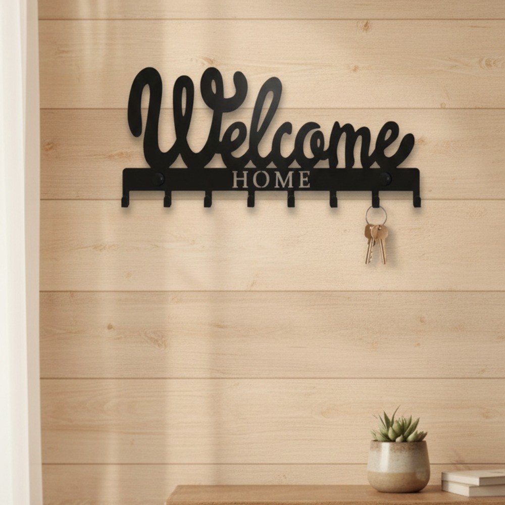 Stylish Black Metal Welcome Wall Mounted Key Holder Entryway Decor Gift