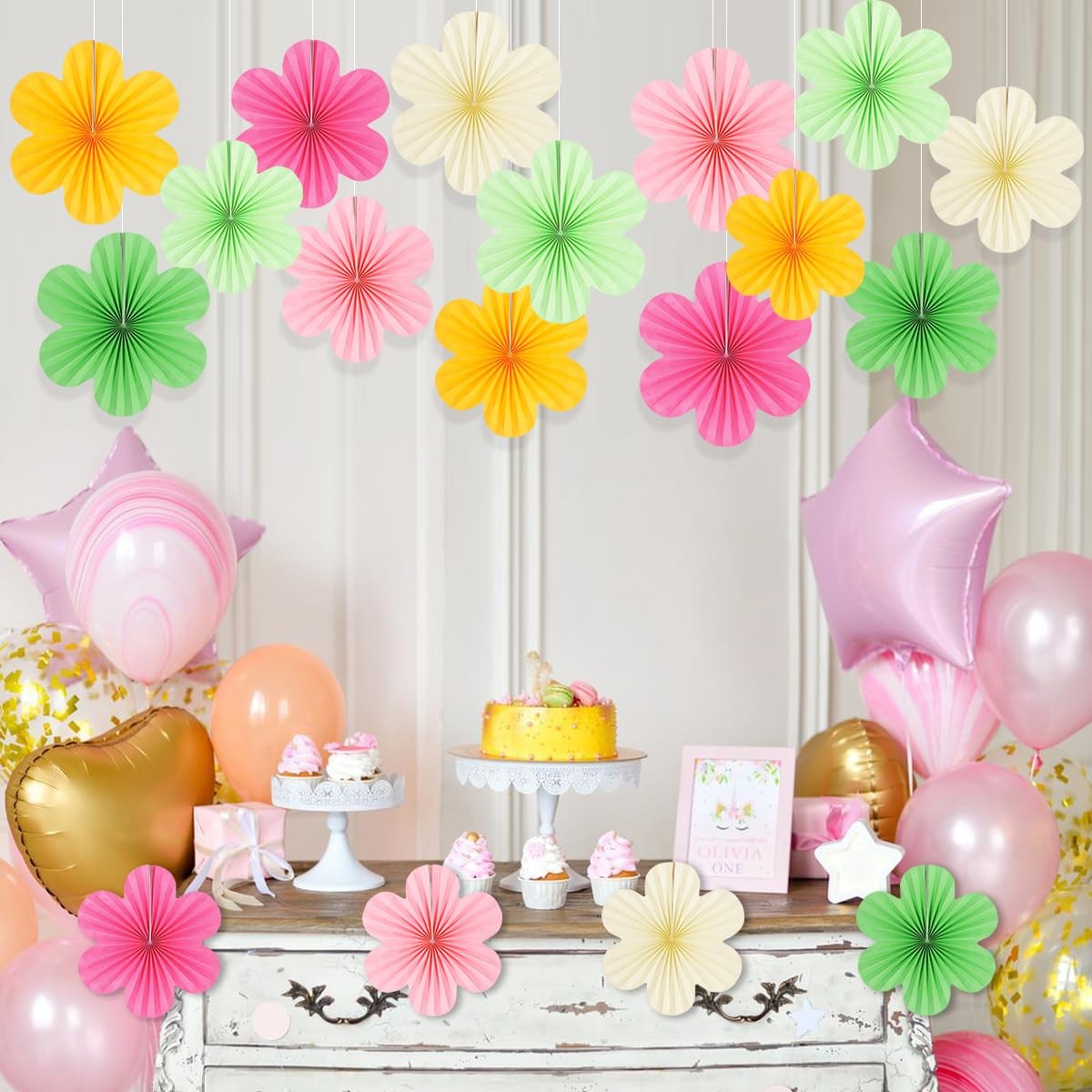 18 PCS Paper Fans Flowers Party Decor Floral Wall Backdrop Pink Green Yellow
