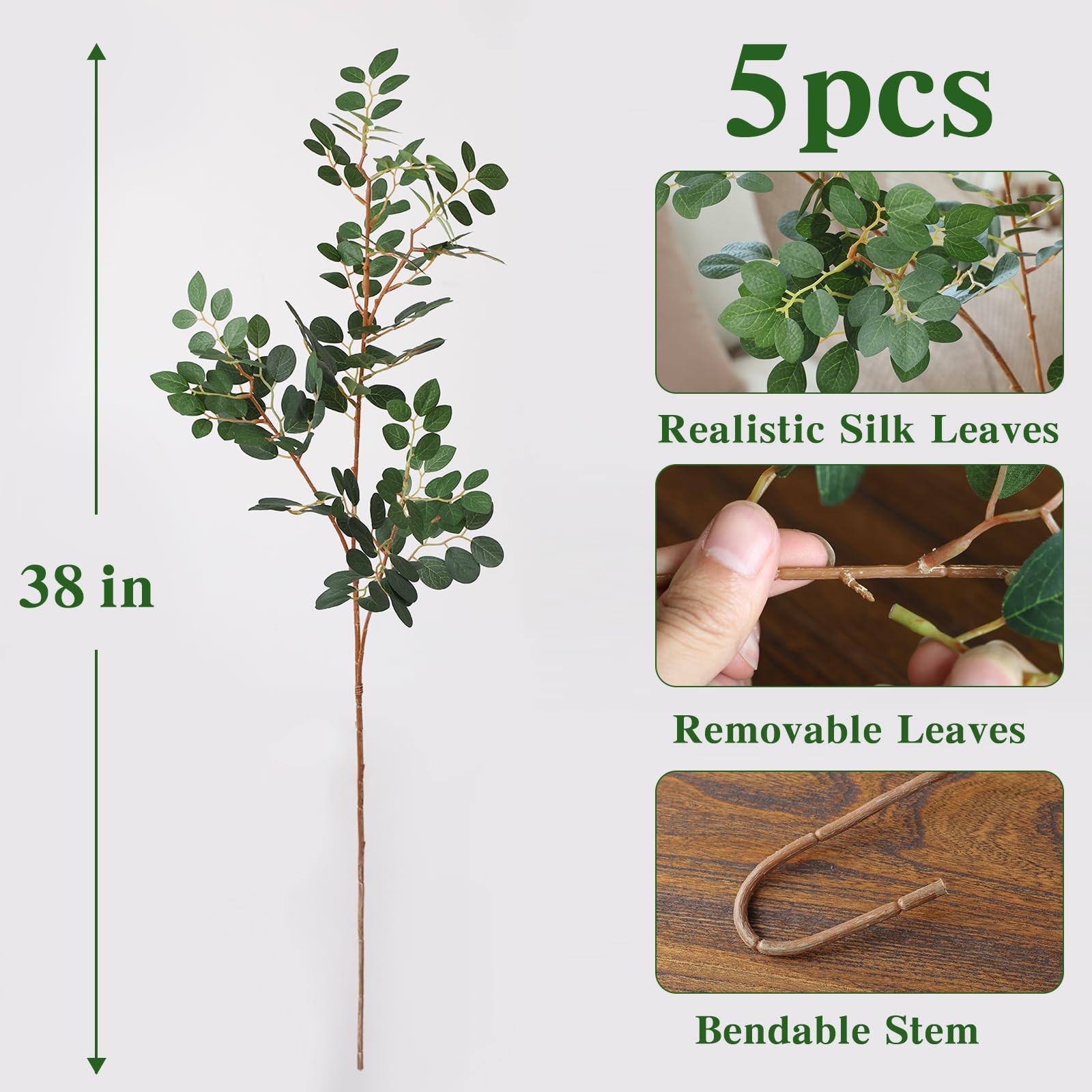 5Pcs Artificial Loropetalum Stems Silk Leaves 38in Fake Green Leaf Spray Plan…