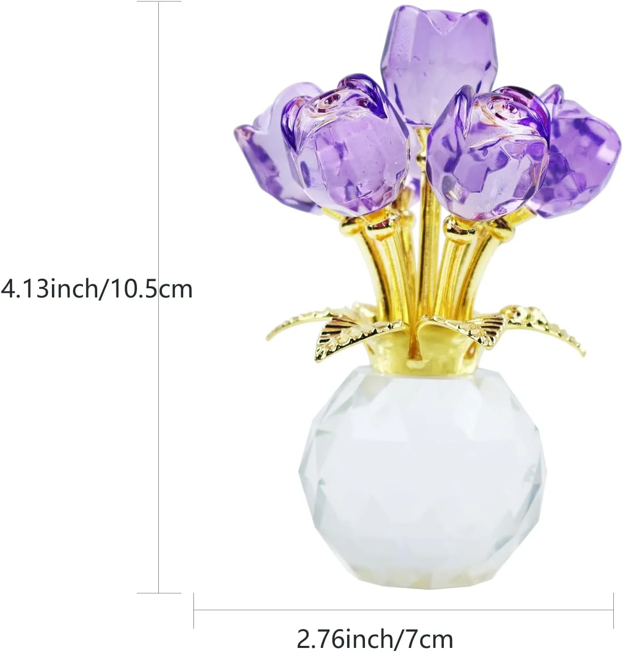 Crystal Rose Flower Figurine with Round Vase, Crystal Flowers, Glass Flowers wit