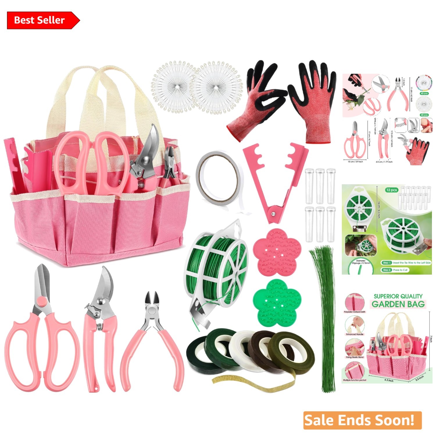 207-Piece Flower Arrangement Supplies Kit for Women in Pink with Garden Tool Bag
