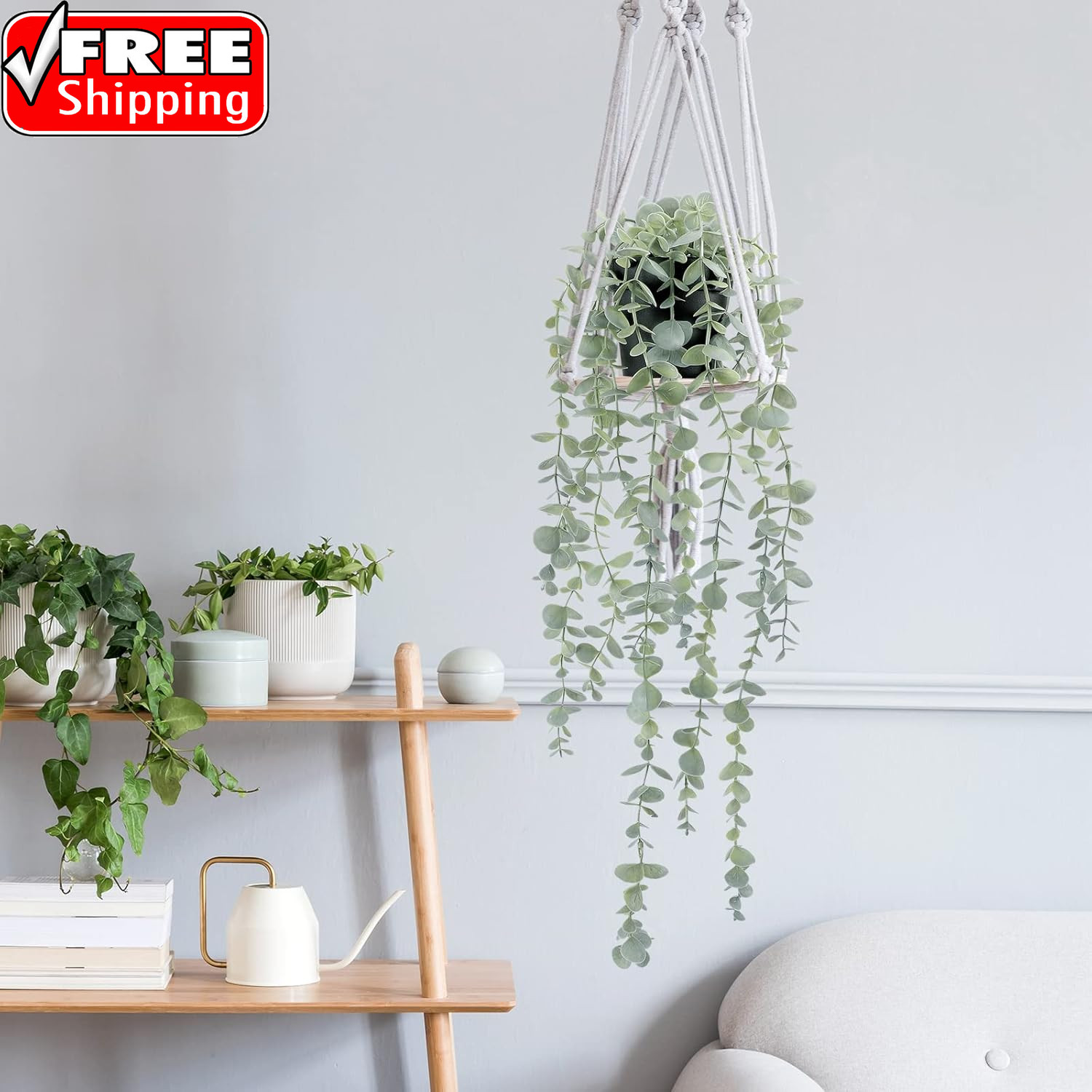 2 Pcs Artificial Eucalyptus Plants Shelf Hanging Fake Plant in Pot for Wall Bedr