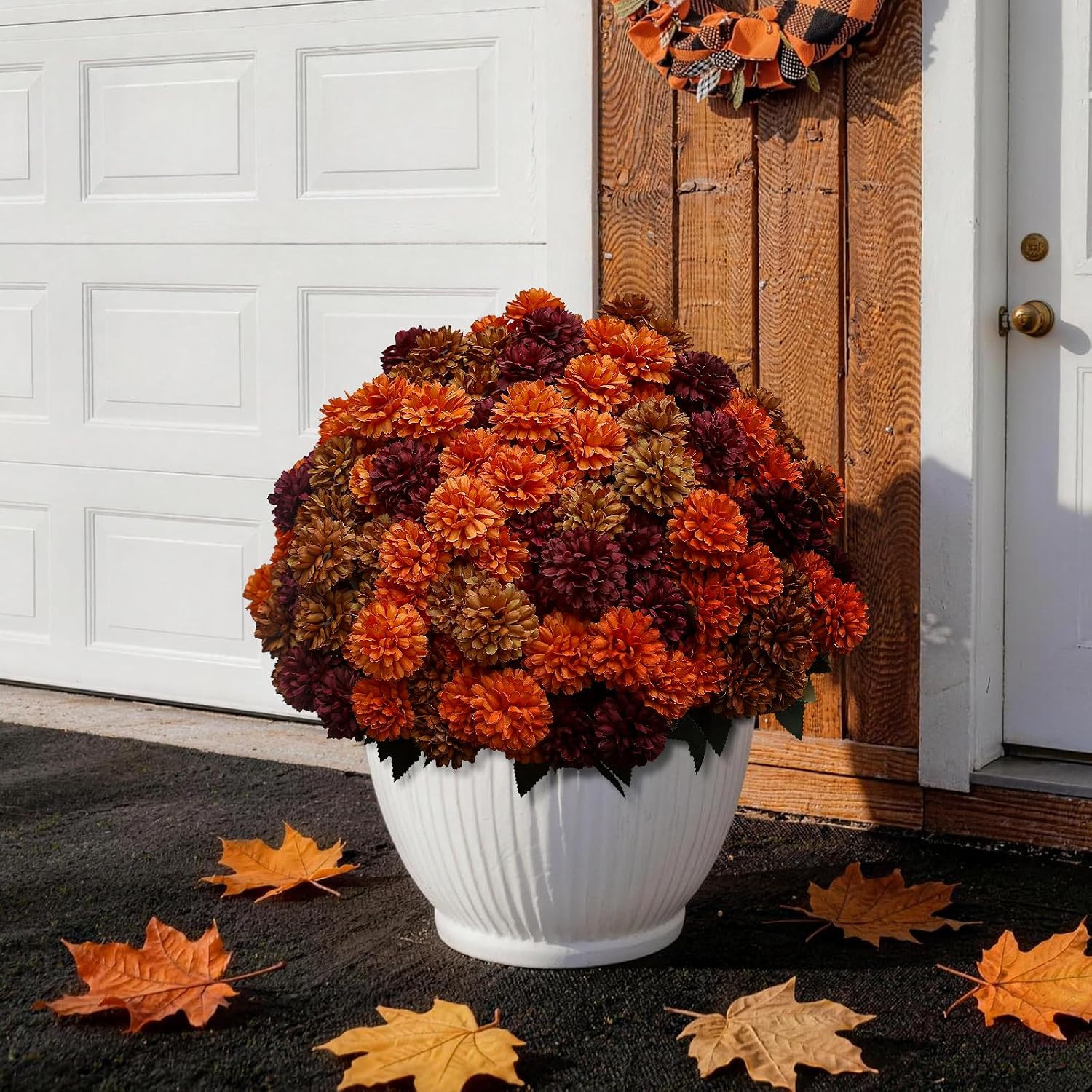 12 Bundles Artificial Fall Mums Outdoor Flowers, UV Resistant Faux Autumn Daisy