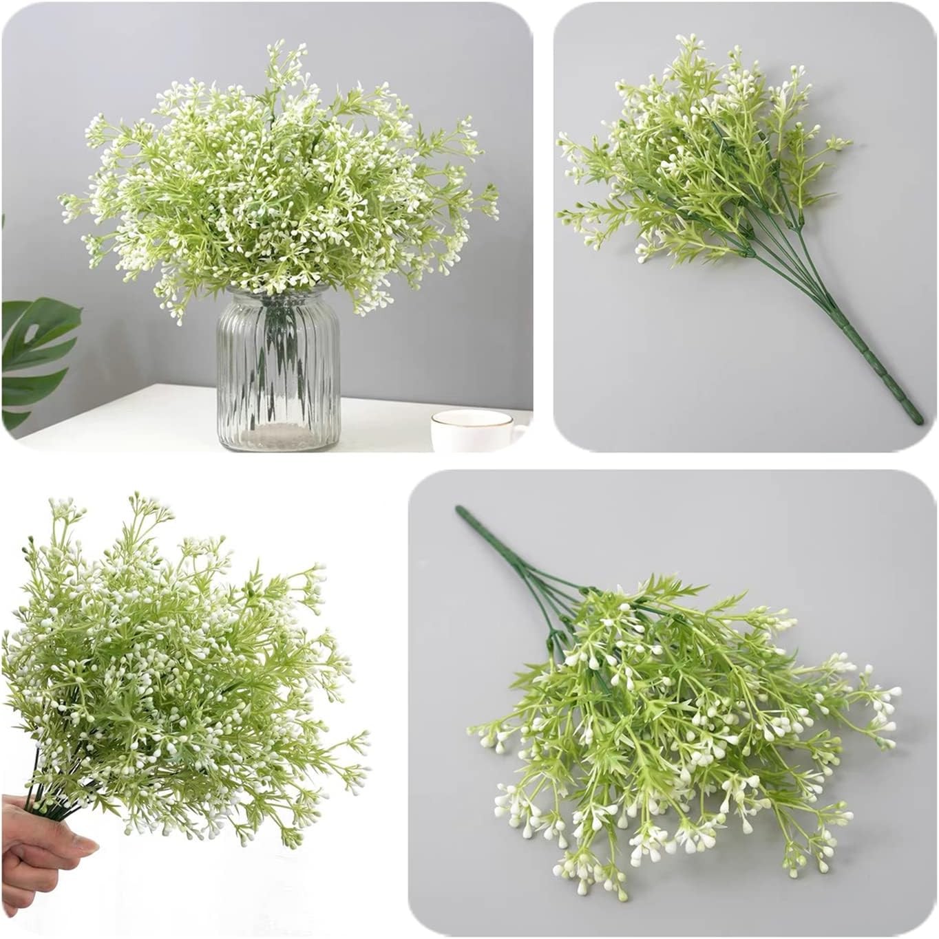Artificial Plants, Fake Plastic Pearl Bouquet Faux White Flowers Bushes Greenery